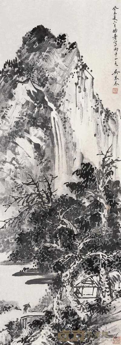 吴琴木 癸未(1943年)作 雨中山色 立轴 96.8×34.5cm